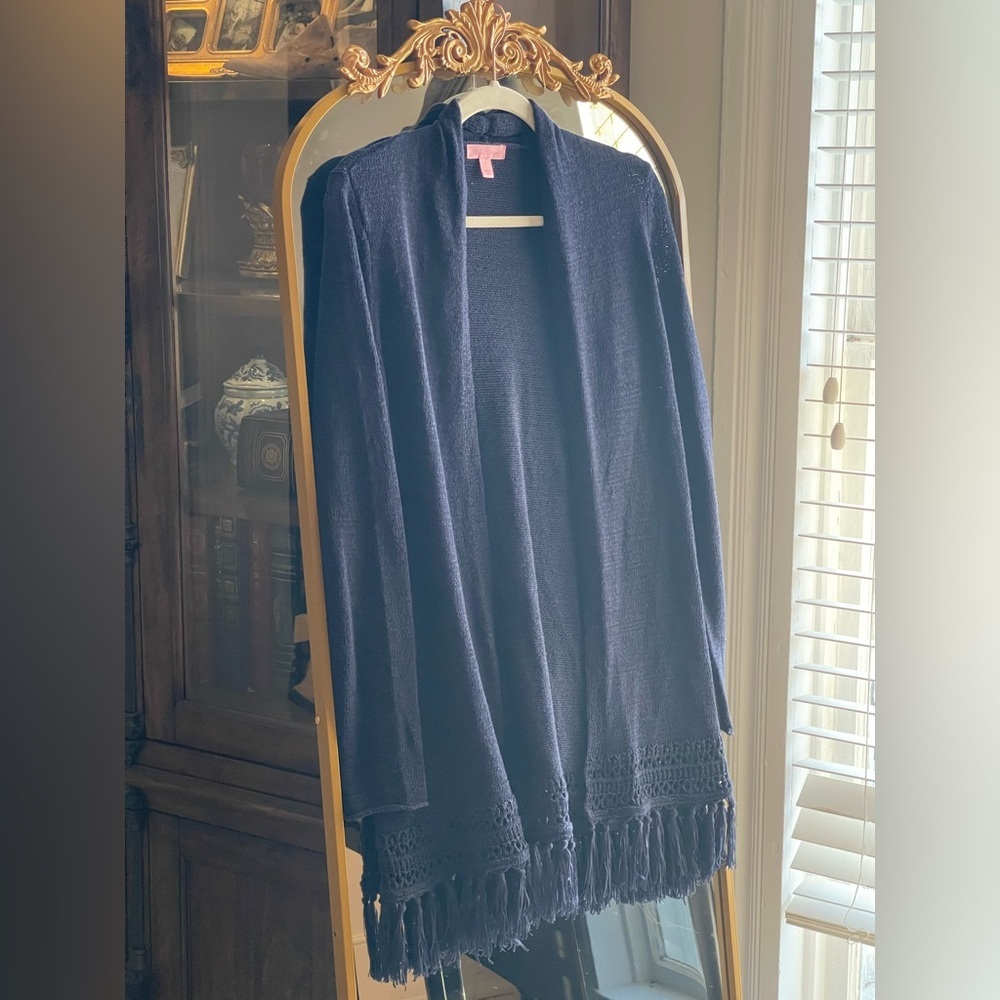 Lilly Pulitzer Navy Tatum Long Fringe Hem Cardigan